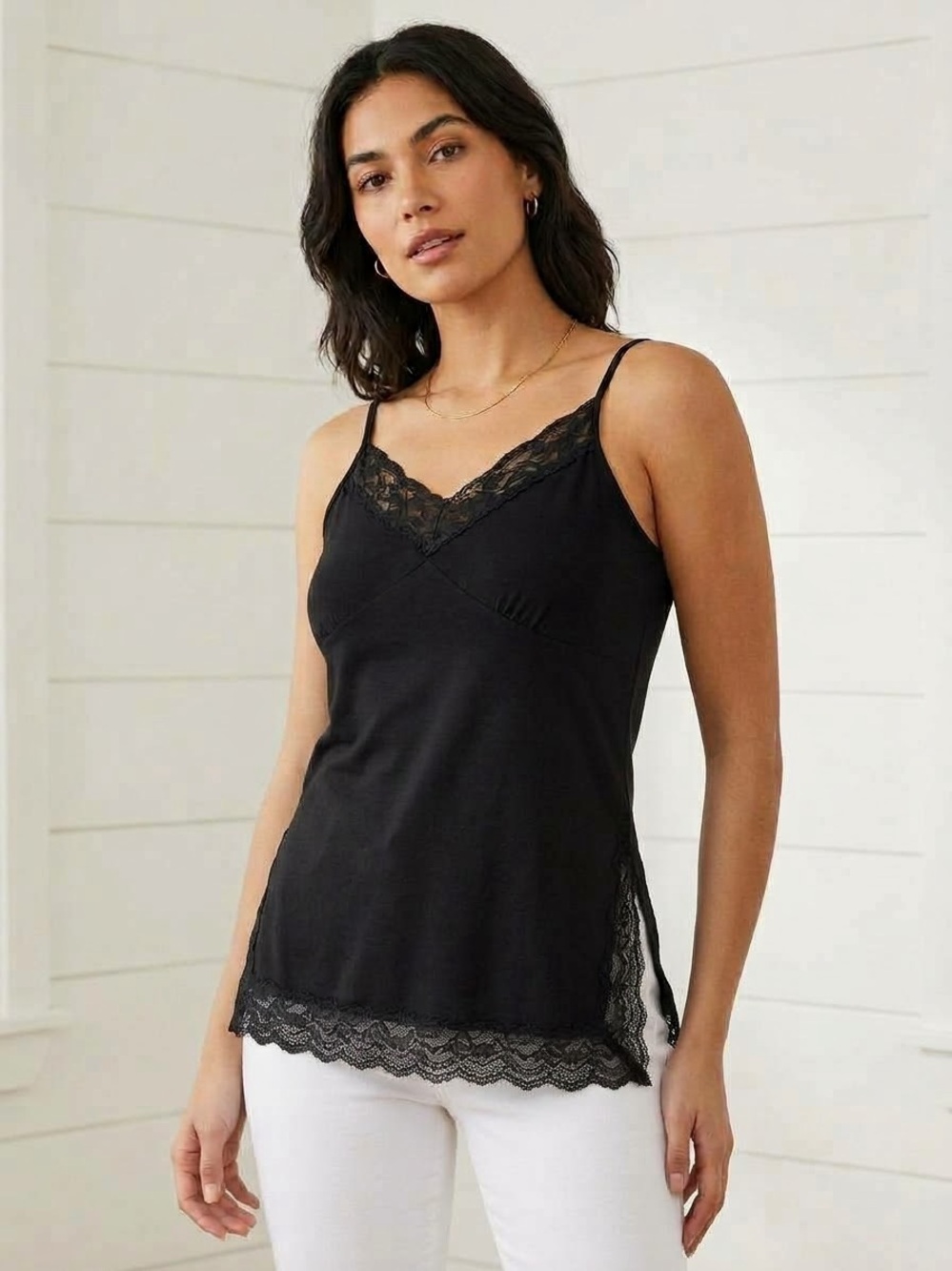 Carducci Vintage Black Lace Trim Cami Tank Top | V-Neck Side Slits | Y2K Small